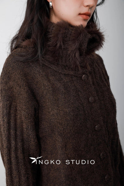 Caramel Brown Fur Collar Cardigan