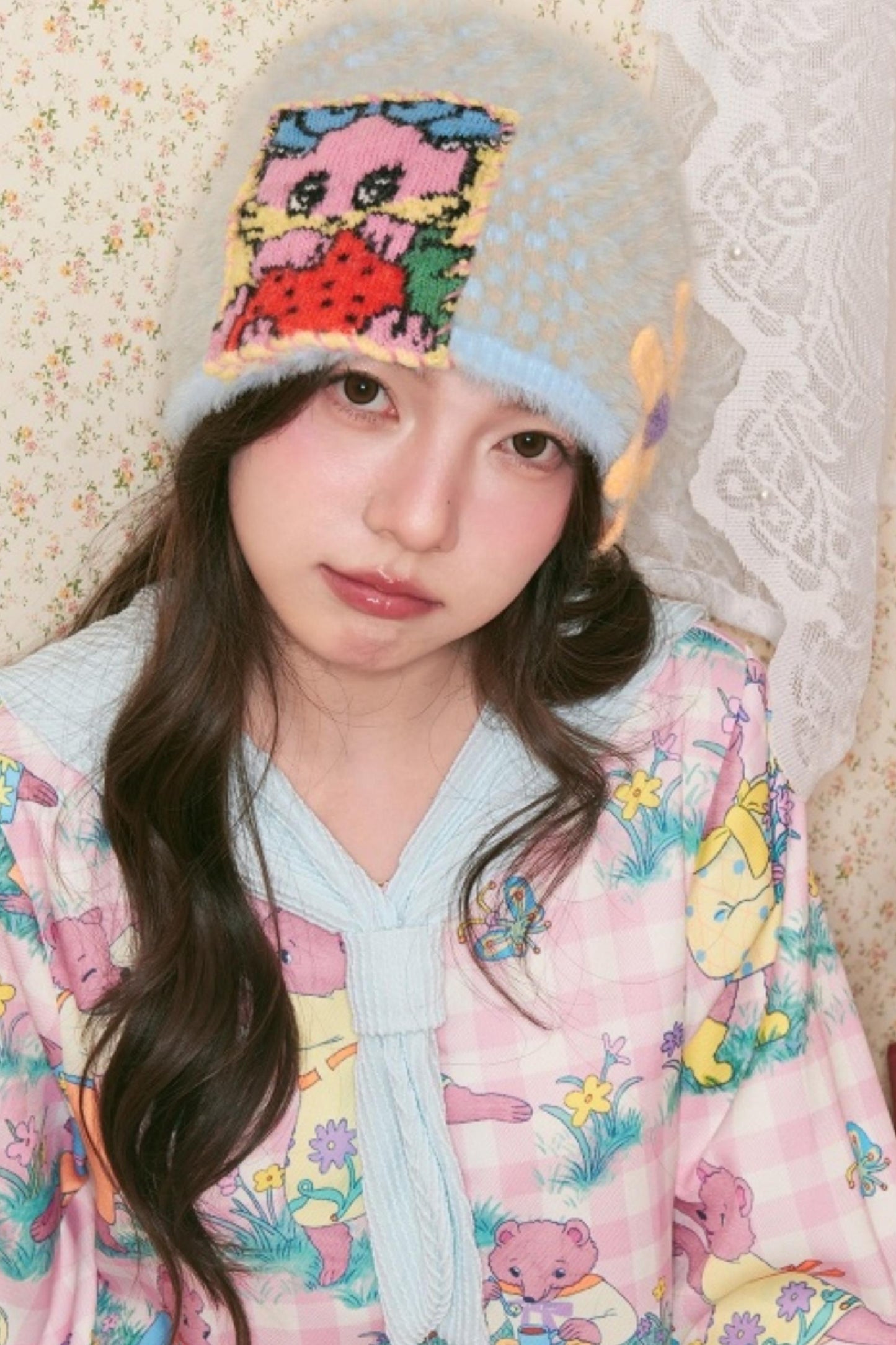 Blue Rabbit Flower Knitted Hat