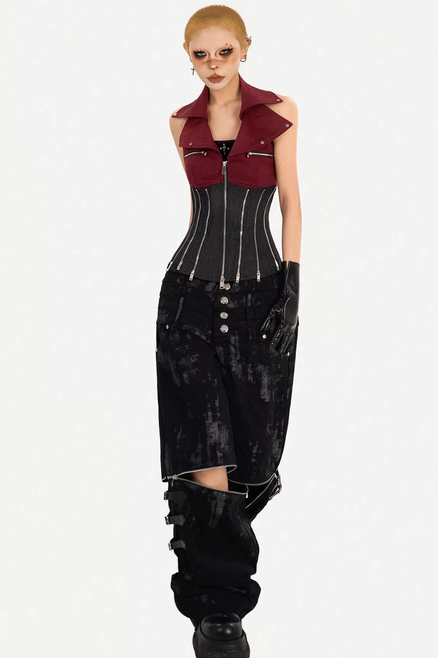 Color-Block Denim Zipper Vest