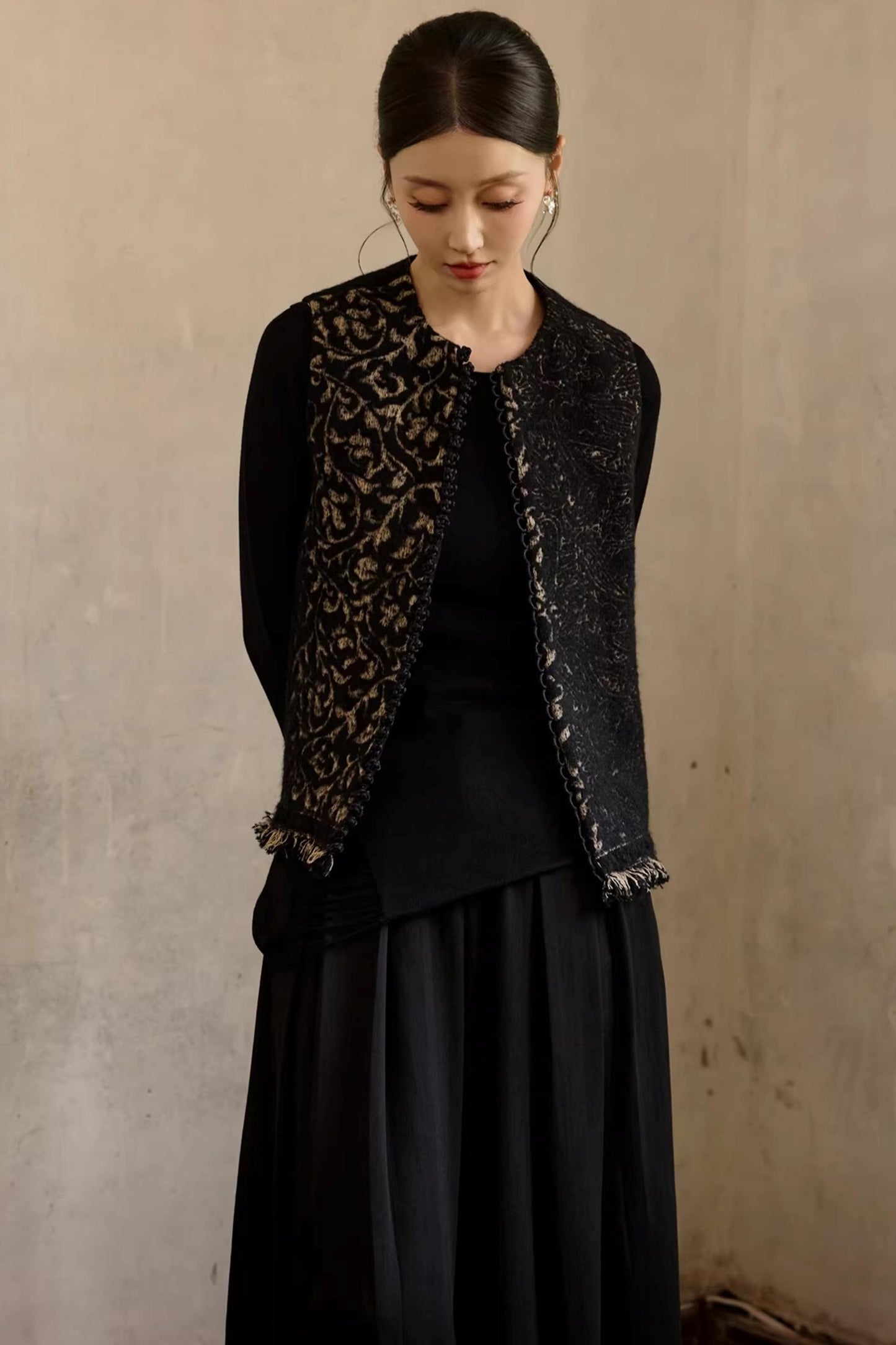Schwarze Woll-Vintage-Jacquard-Weste Jacke