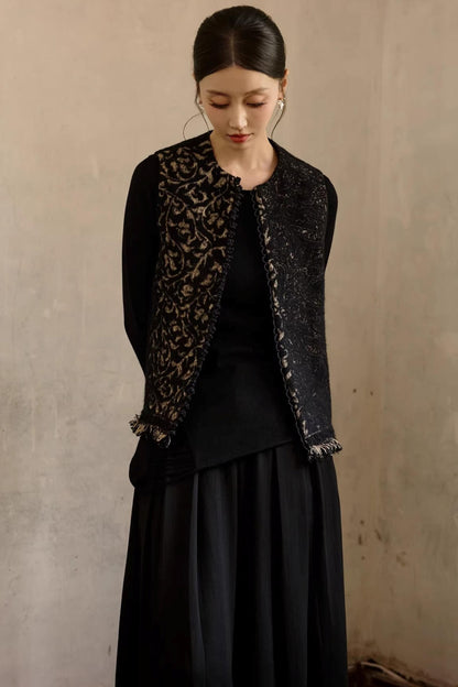 Schwarze Woll-Vintage-Jacquard-Weste Jacke