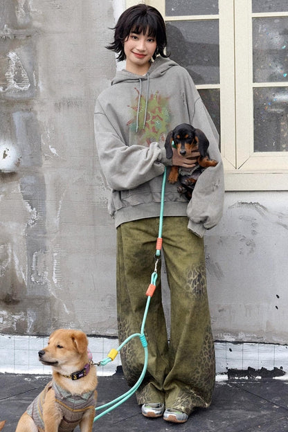 Cotton Washed Leopard Print Denim Pants
