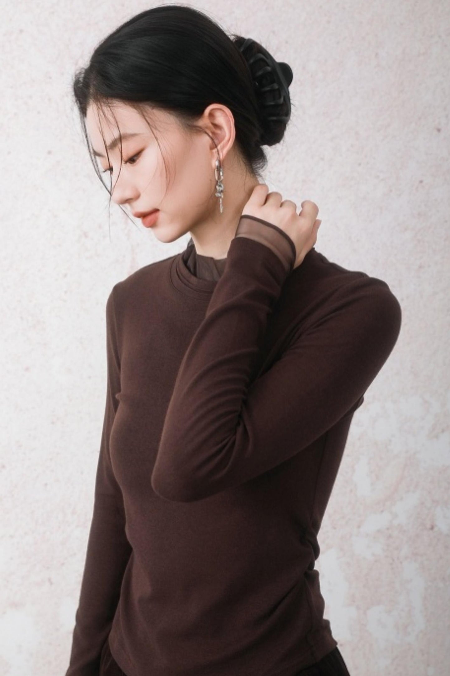 Chestnut Brown Patchwork Turtleneck Top