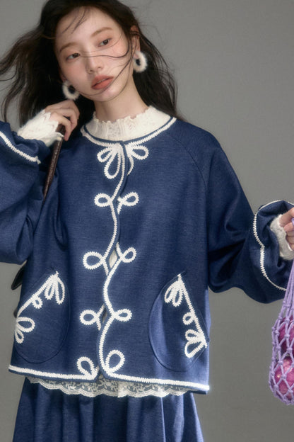 Vintage Embroidery Denim Cardigan Pants Set-Up