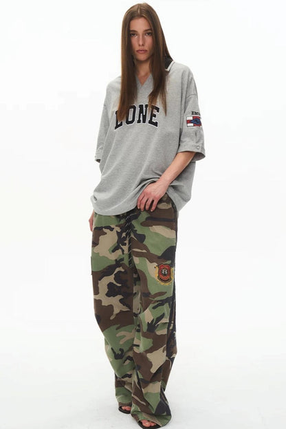 Retro Color-Block Letter Embroidered T-Shirt