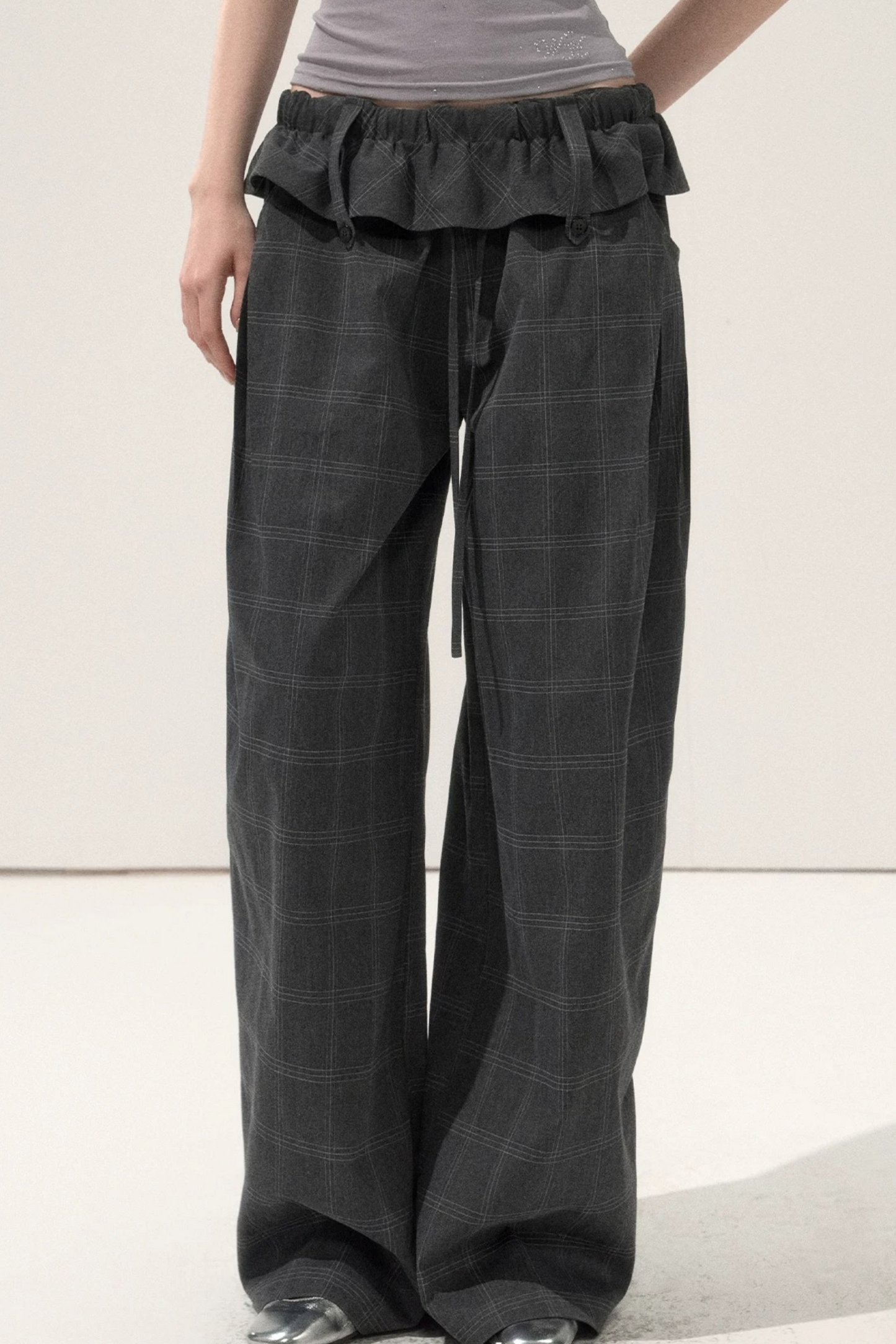 Folded Waistband Plaid Pants