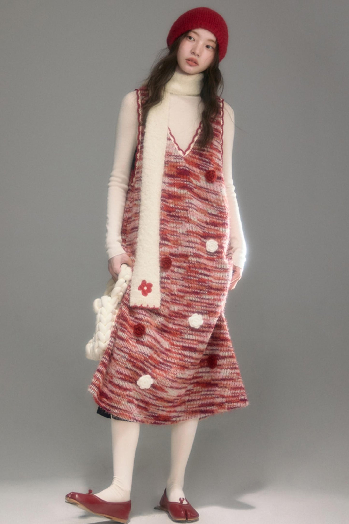 Red Vintage Crochet V-Neck Vest Dress