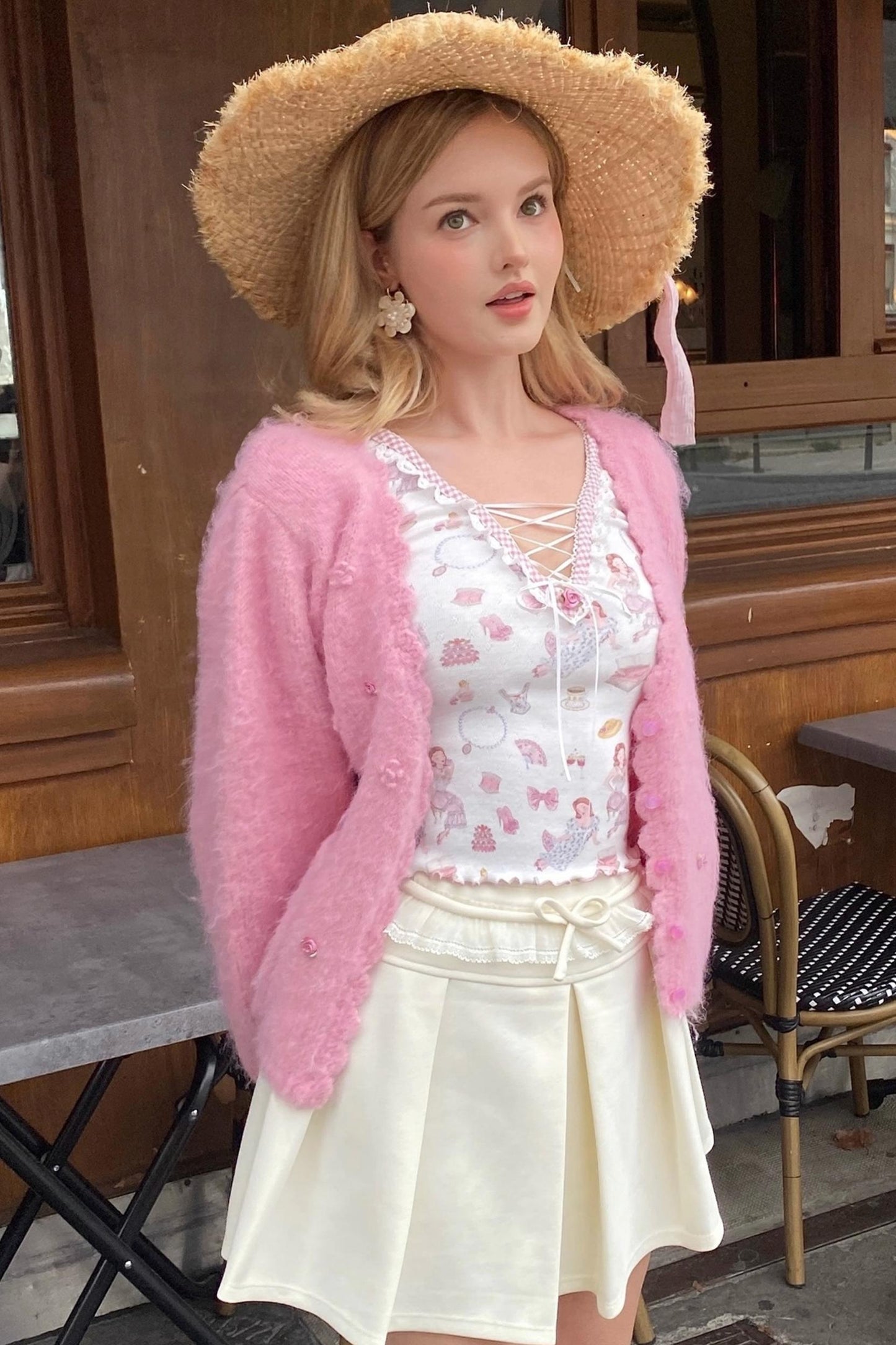 Lace V-Neck Top With Skirt Set-Up