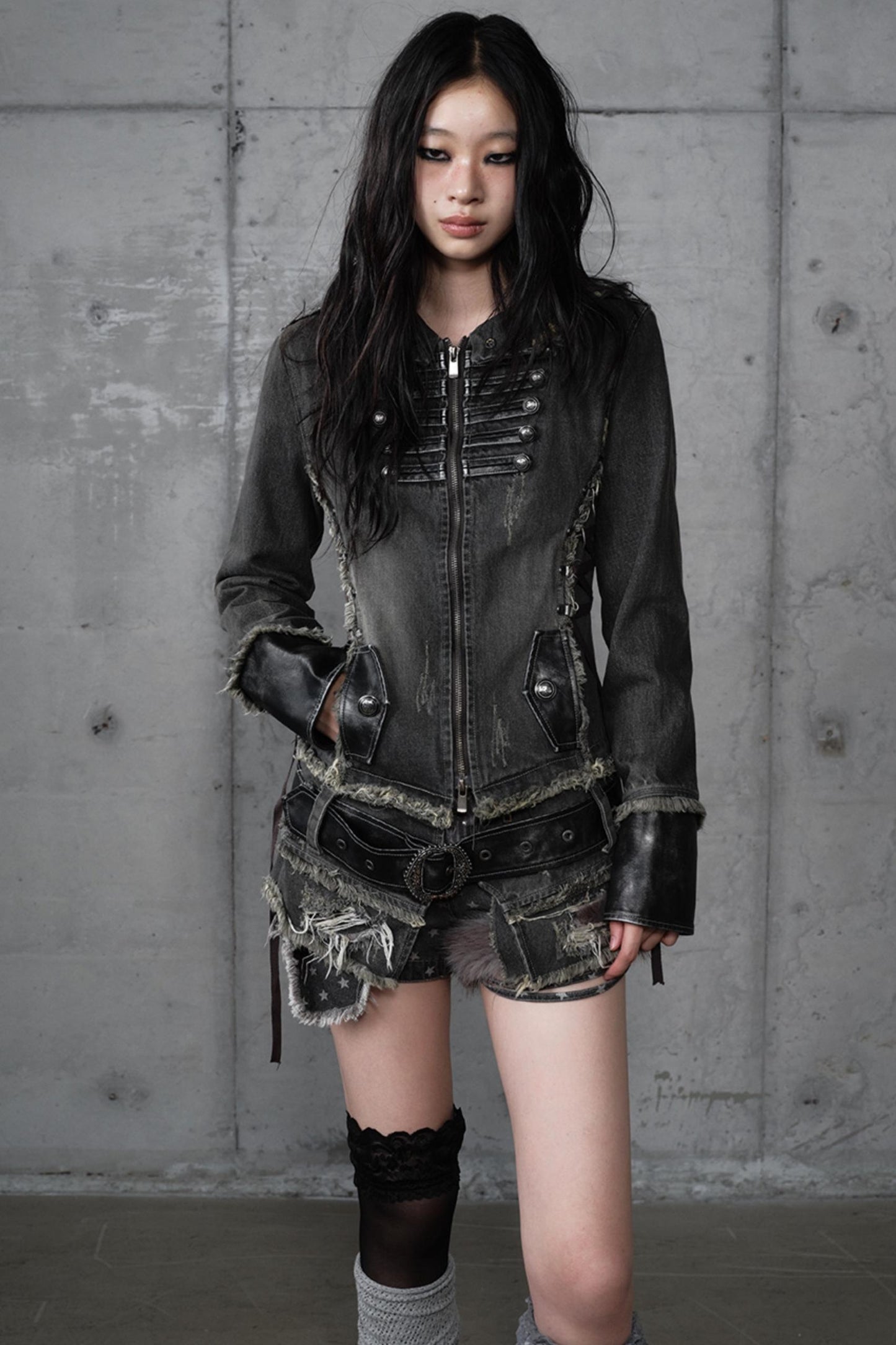 Distressed Denim Slim Fit Hooded Coat