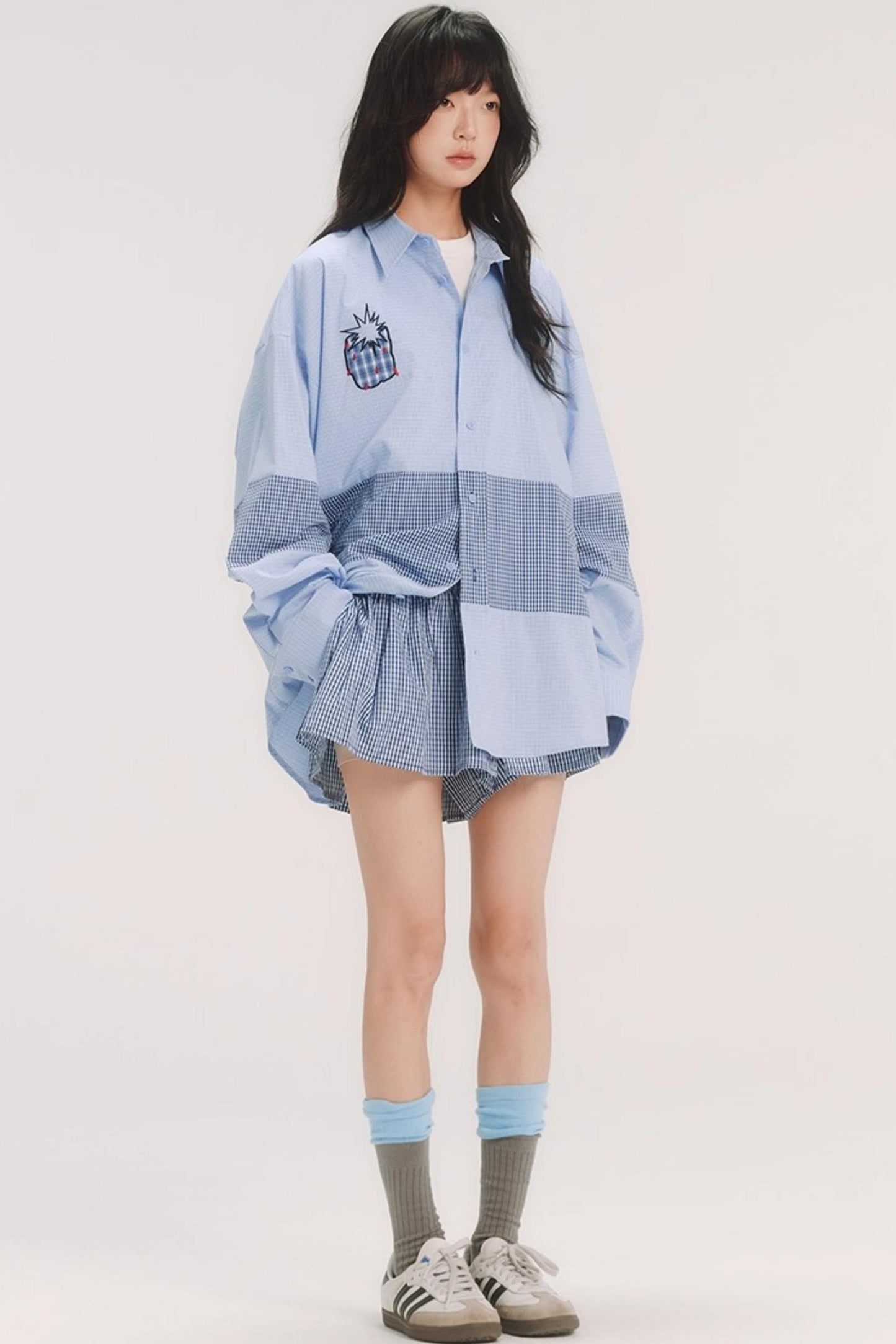 Blue Check Stitch Applique Shirt