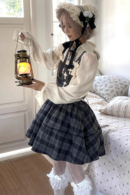 Gray Plaid Waist Cinched Herringbone Lace Bow Tie Dress Set-Up