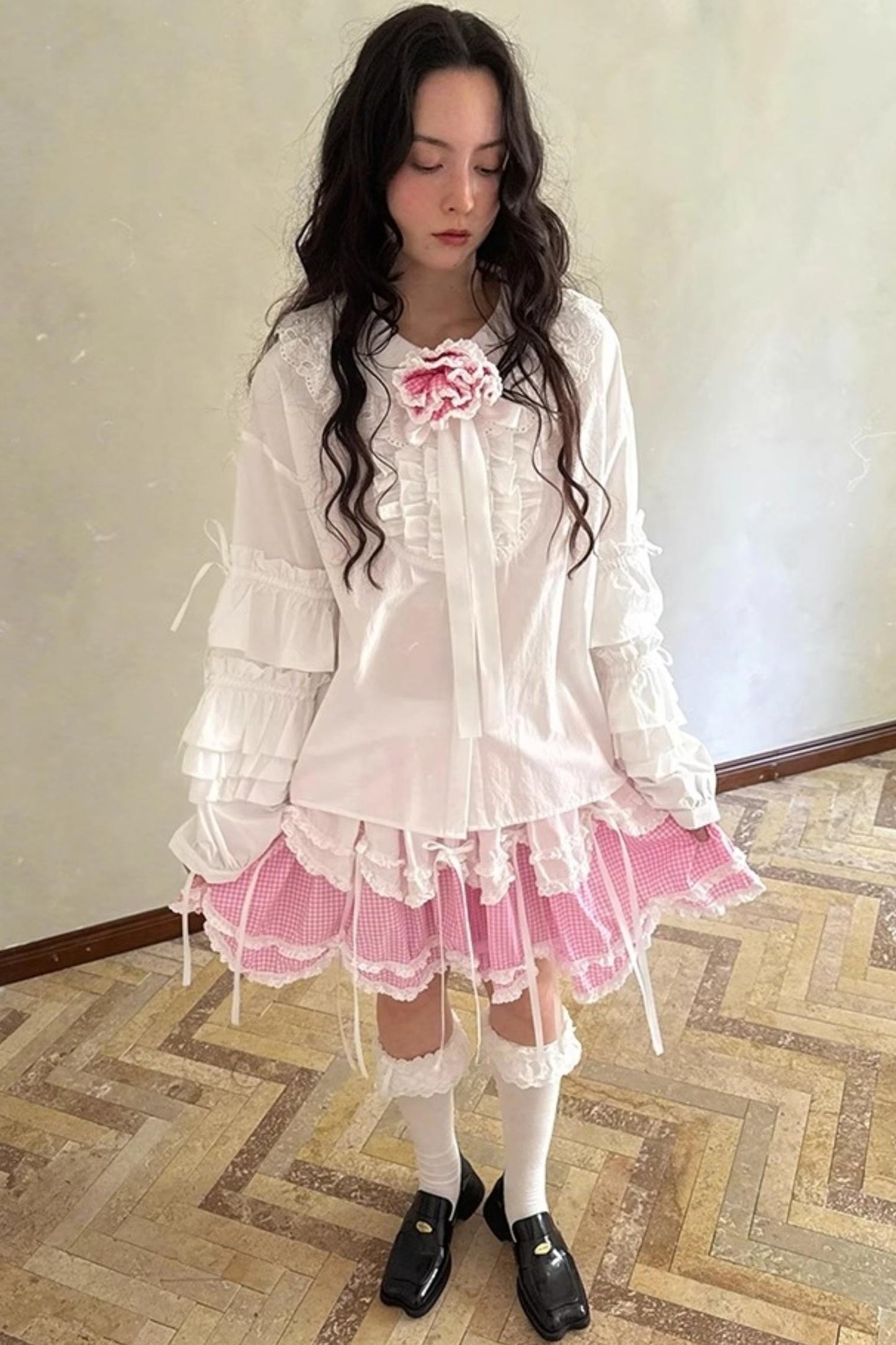 Pink-White Plaid Lace Shirt