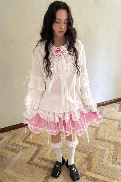 Pink-White Plaid Lace Shirt