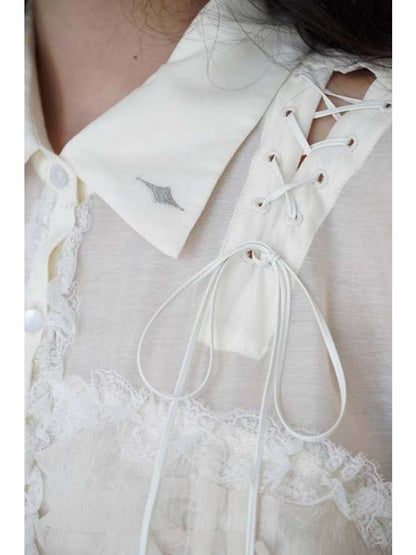 Lace-Up Crosses Embroidery Chiffon Lace Trim Shirt