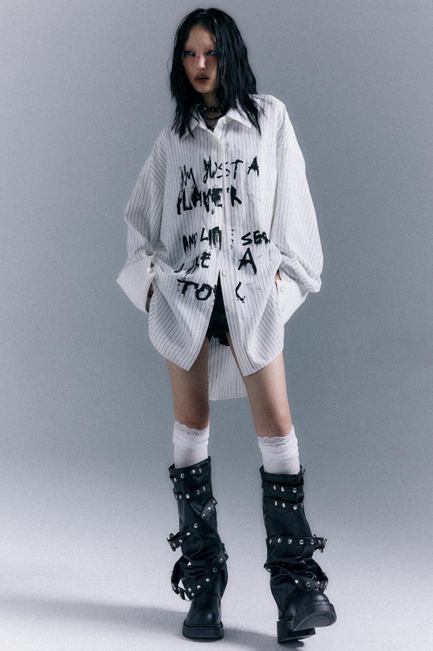 Graffiti Print Striped Long-Sleeved Shirt