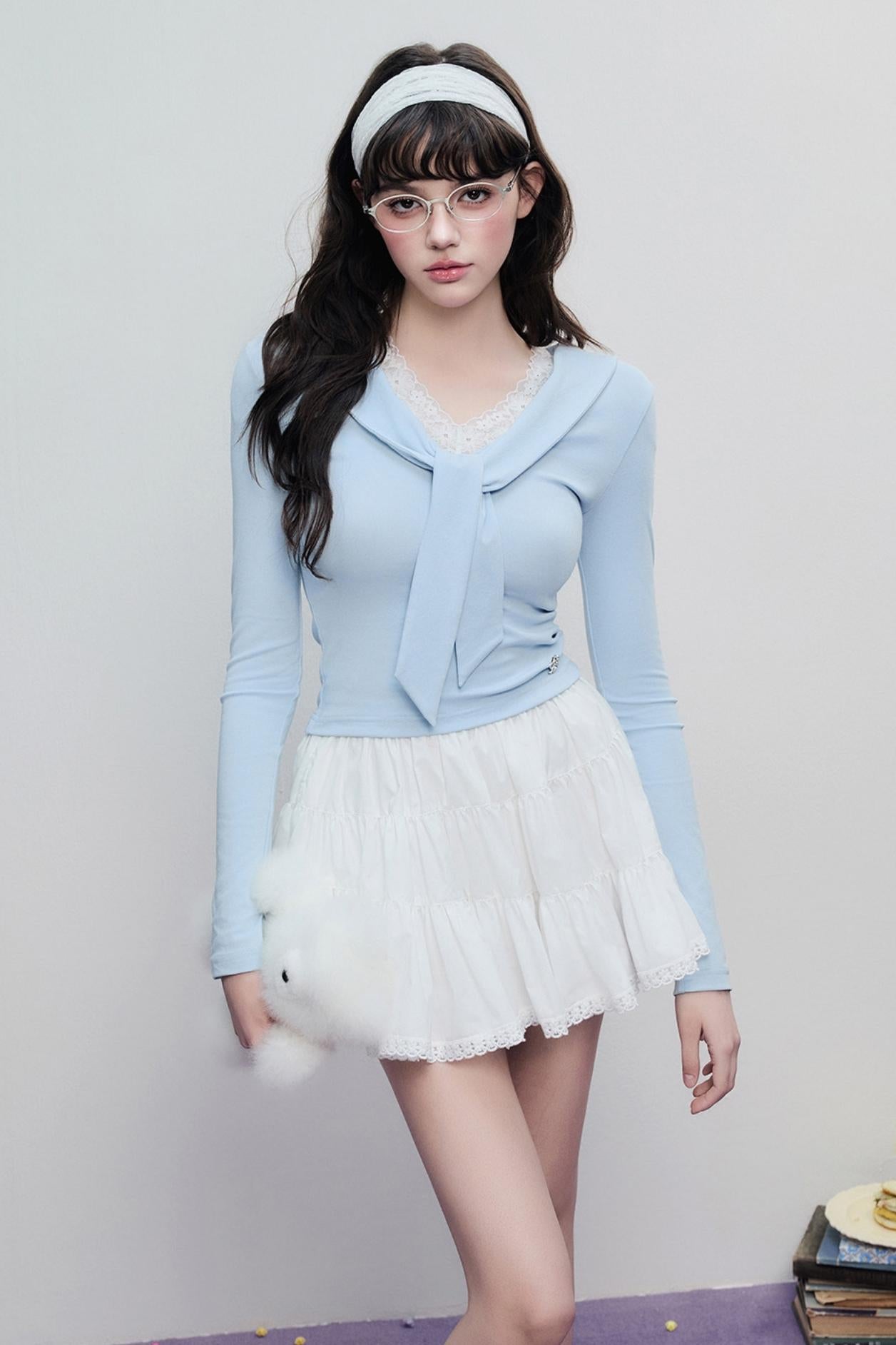 Korean Lace Trim Tie Neck Sweater