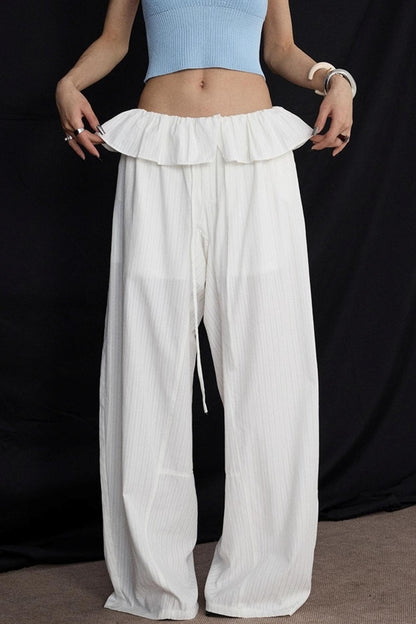 White Lace Drawstring Wide-Leg Pants