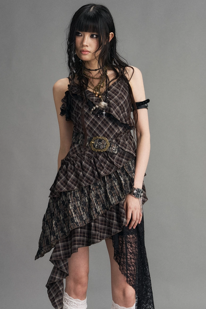 Retro Irregular Plaid Dress