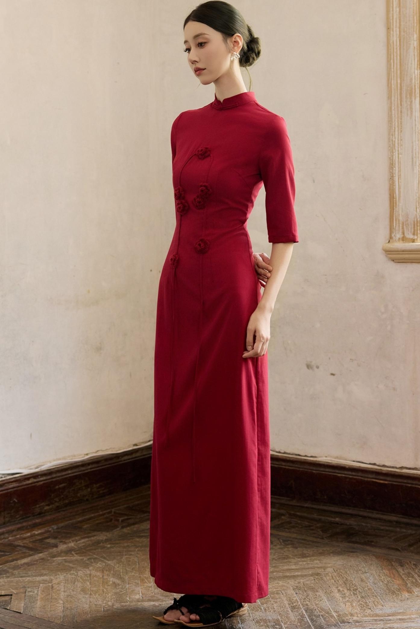 Red Flower Cheongsam Dress