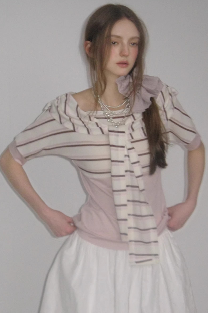 Cherry Blossom Striped Tie-Neck Top