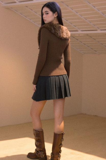 Vintage Fur Collar Knit Cardigan Set