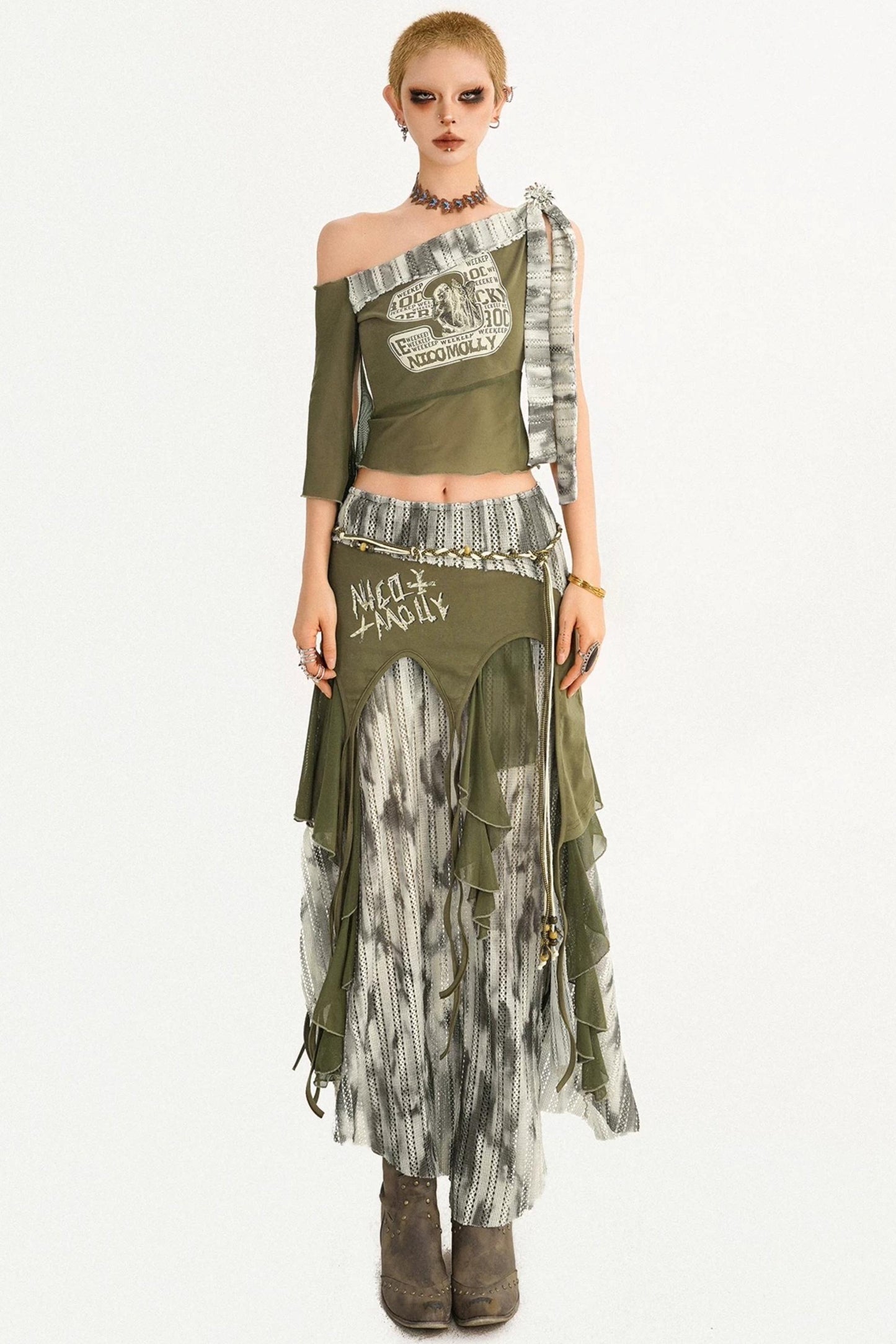 Irregular Patchwork Mesh Skirt