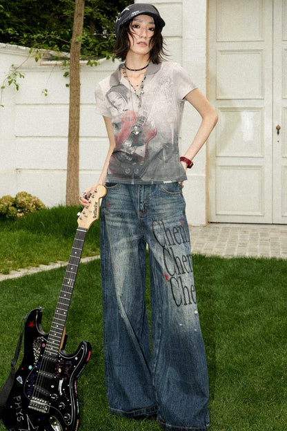 Distressed Portrait V-Neck Top