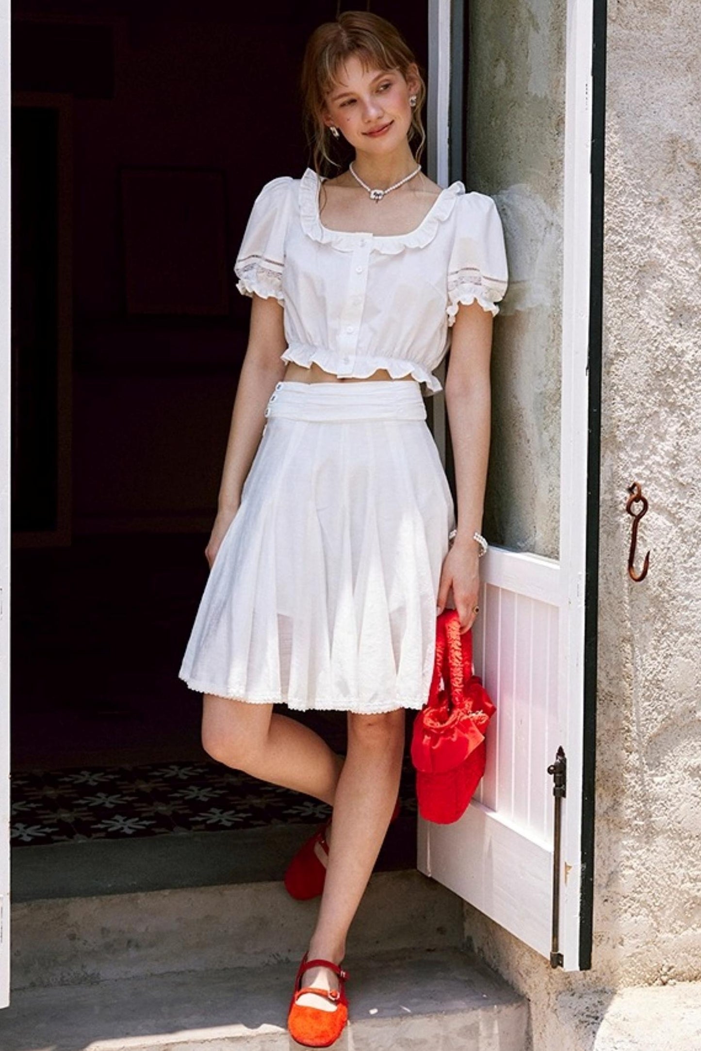 White Lace Square Collar Puff Sleeve Shirt