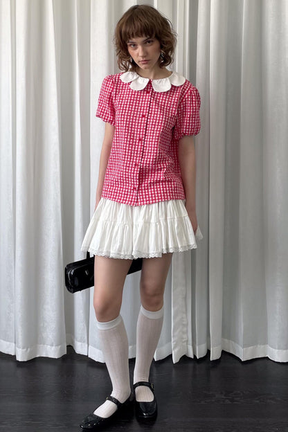 Red Plaid Lantern Sleeve Shirt