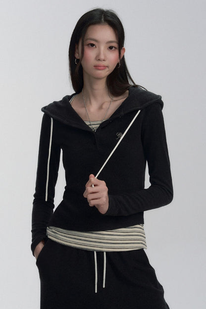 V-Neck Fake Layered Casual Hoodie Set-Up