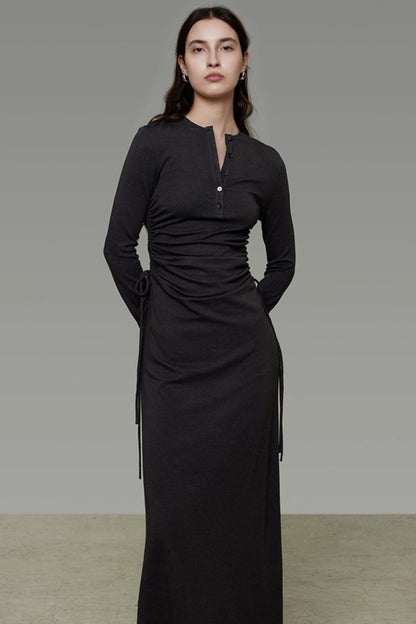 Pleated Long-Sleeve Dress