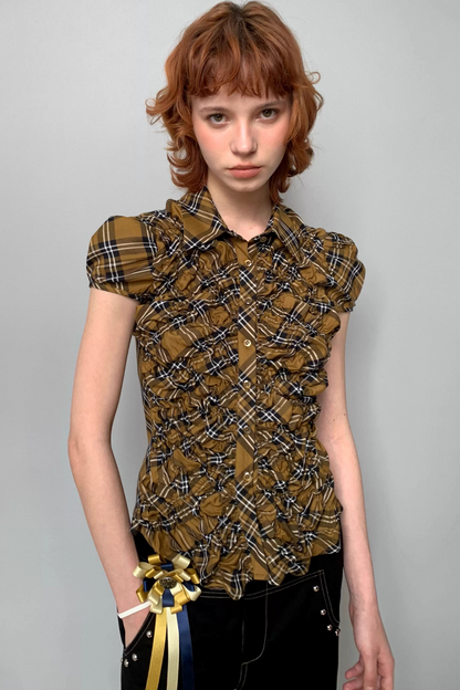 Yellow Plaid Puff-Sleeve Blouse