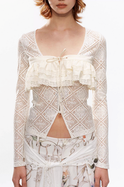 Beige, transparent Strickjacke mit Spitze