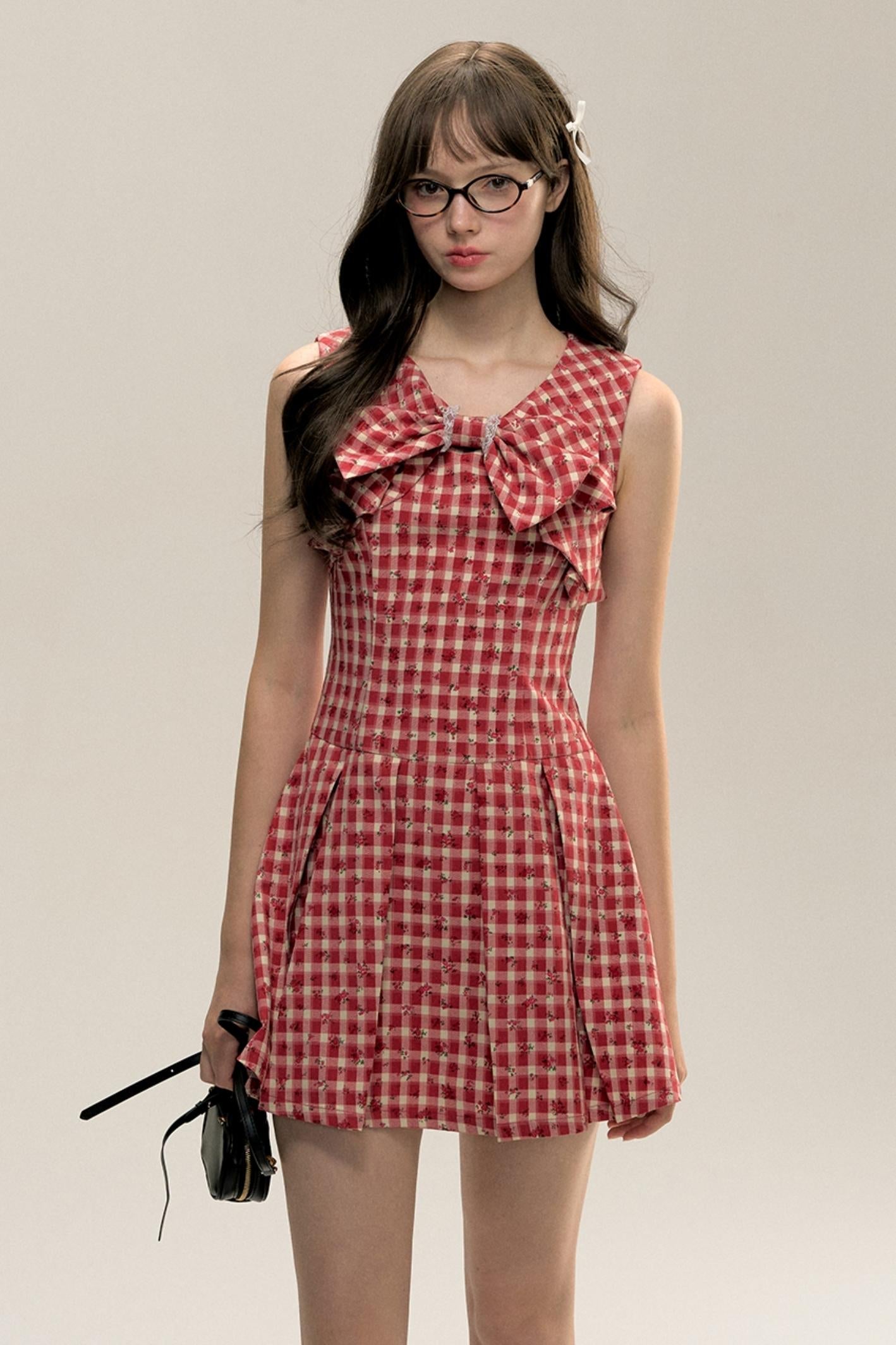 Red Check Floral Bow Vest Dress