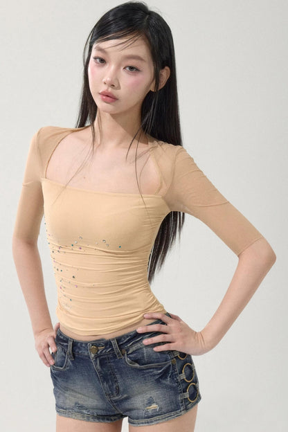 Mesh Splicing Rhinestone Top