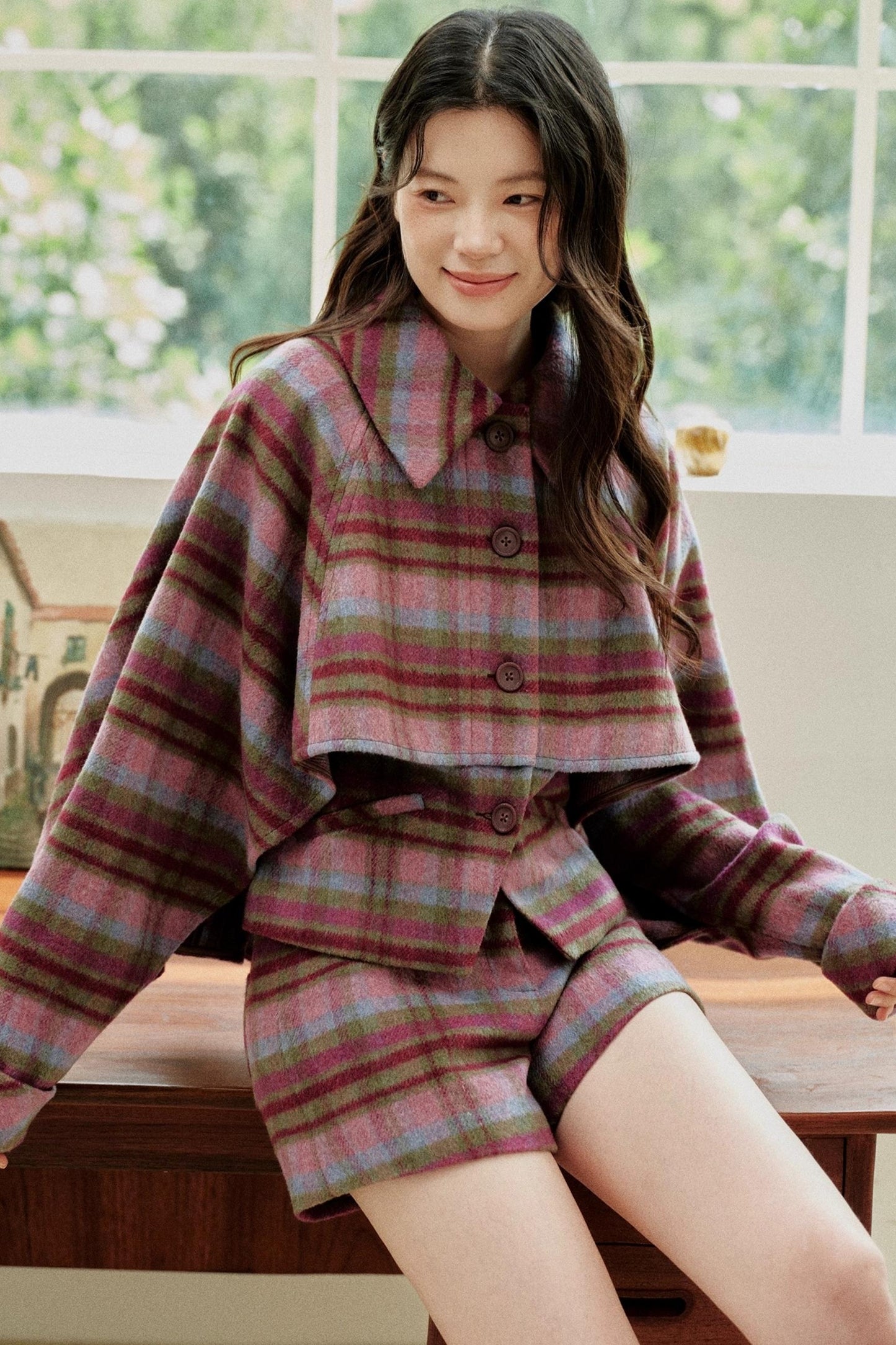 Pink-Purple Wool Plaid Cape Set-Up