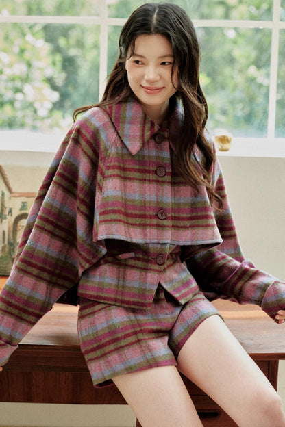 Pink-Purple Wool Plaid Cape Set-Up
