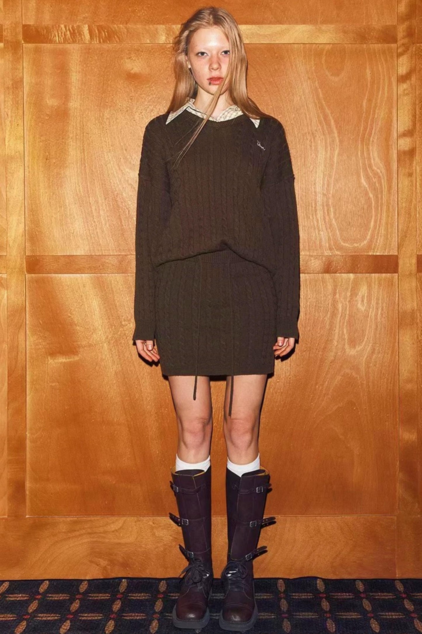 Brown Plaid Wool Knit Sweater Set-Up