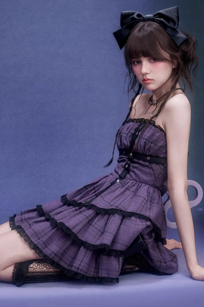 Grape Purple Plaid Strapless Dress Set-Up