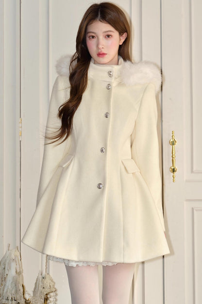 Ivory Hooded Wool Coat