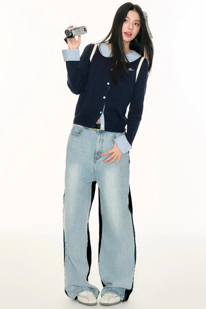 Panel Check Doll Collar Knit Sweater