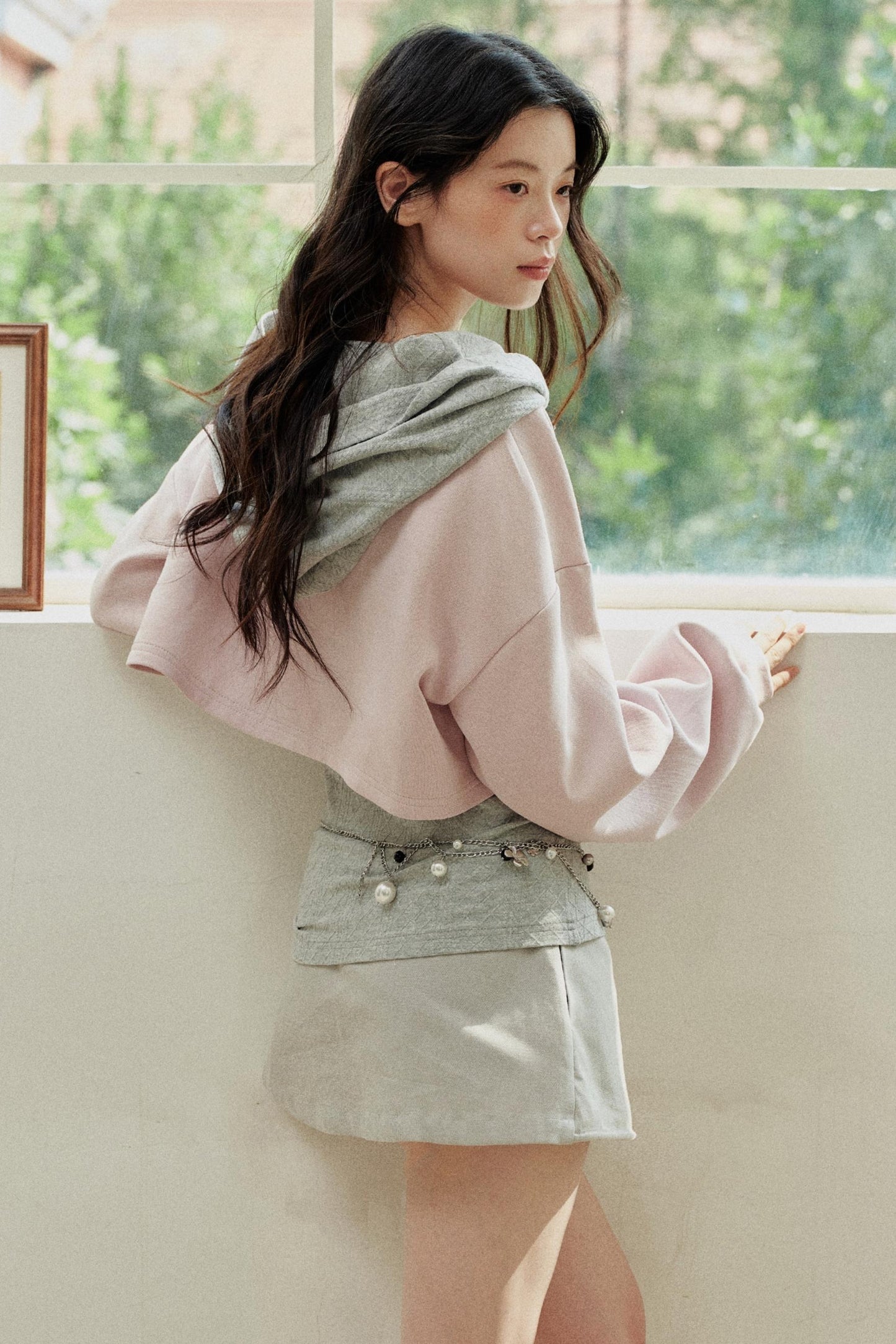 Pink Gray Fake Two Piece Hooded Top