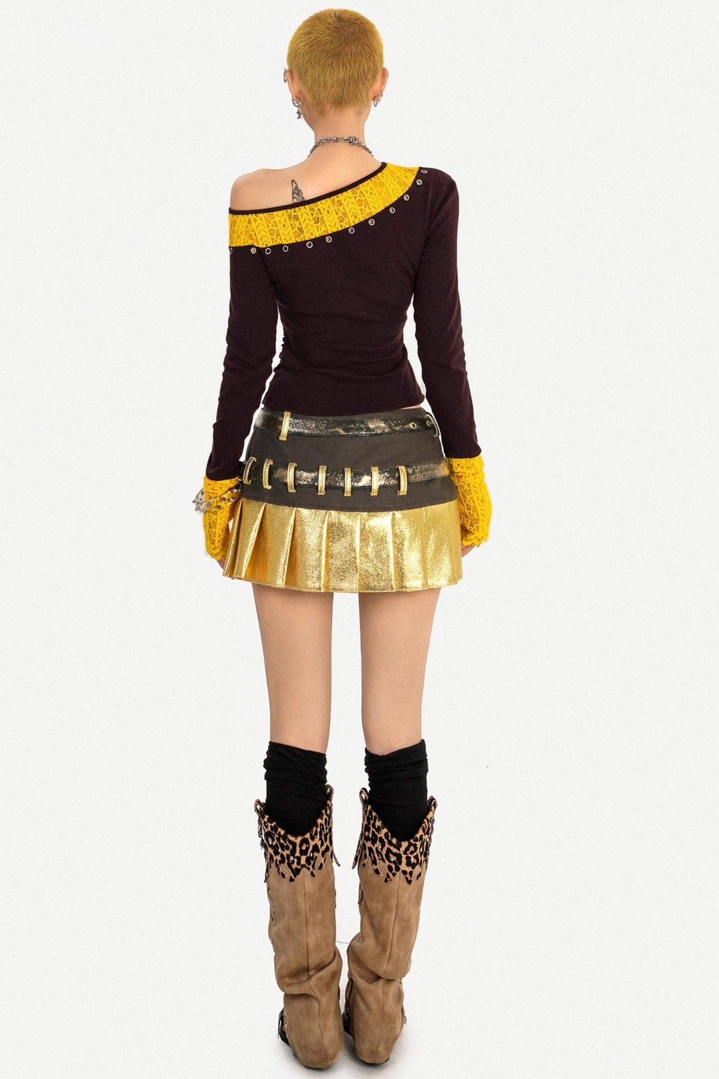 Gold Patchwork Pleated Skirt