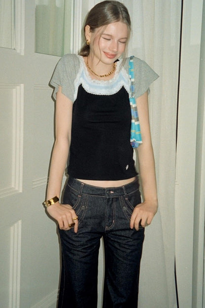 Lace Fake Two-Piece Slim Top