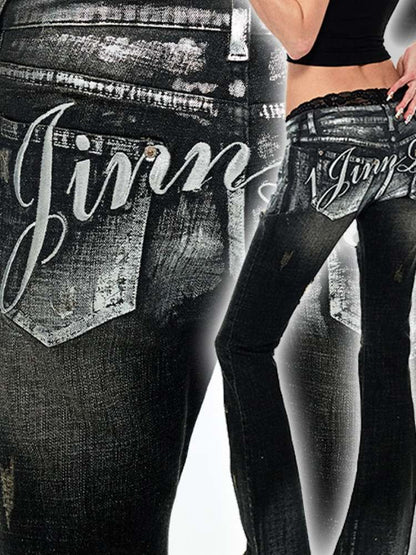 Silver Embroidery Distressed Low Waist Slim Flare Jeans