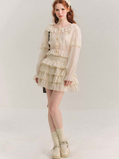 Ruffle Collar Shirt & Cake Mini Skirt