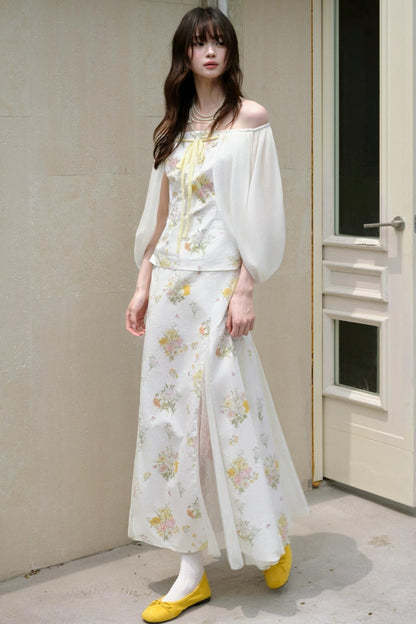 One-Shoulder-Oberteil aus floraler Gaze und Rock-Set