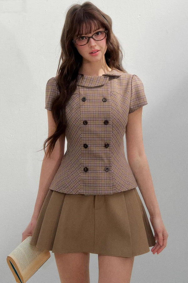 Retro Khaki Plaid Skirt Set-Up