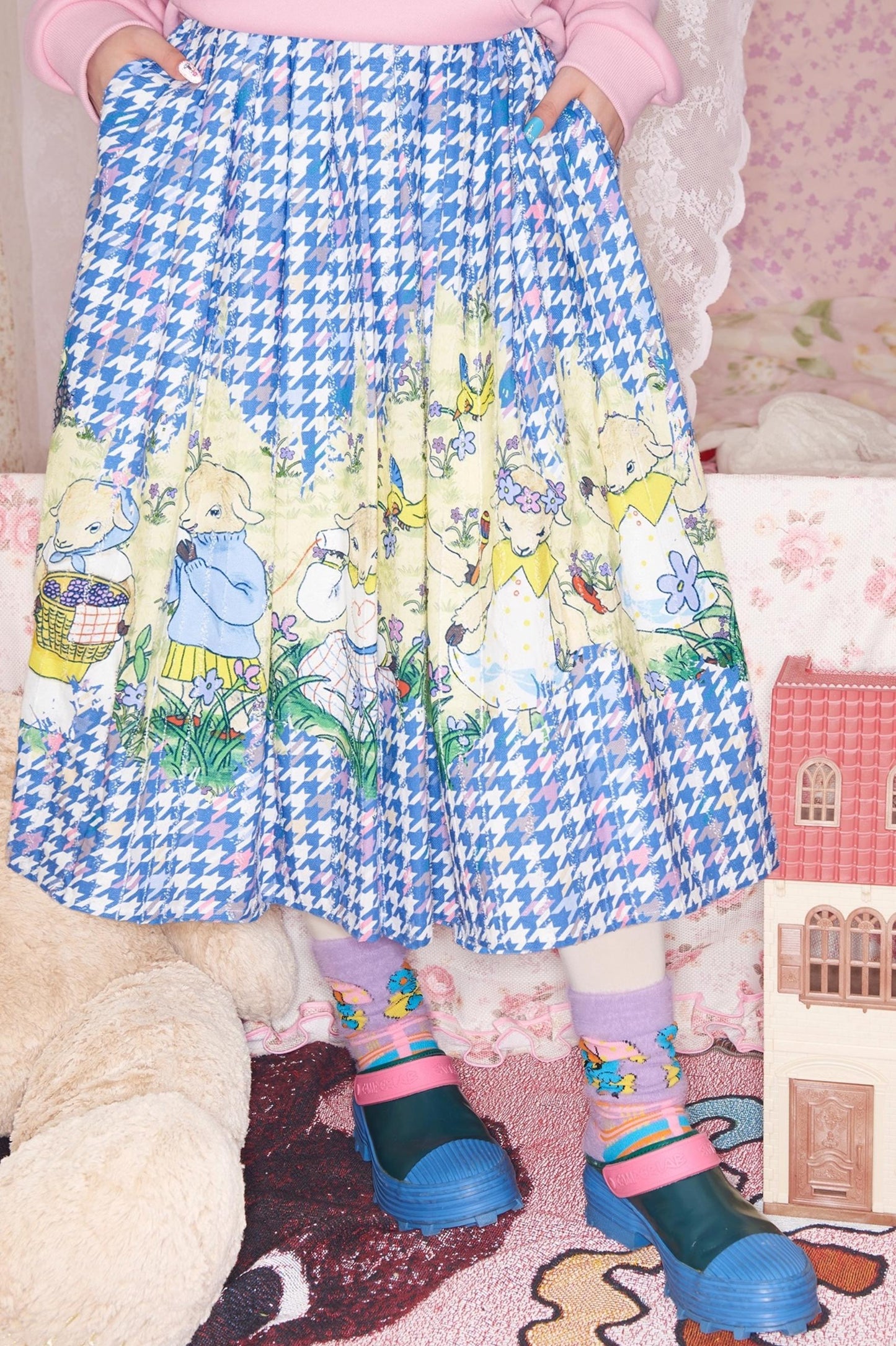 Blue Houndstooth Print Skirt