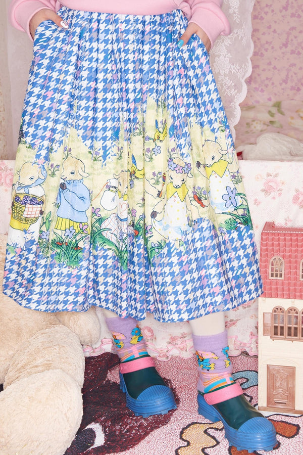Blue Houndstooth Print Skirt